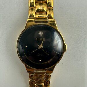 3/$30 Vintage Gitano Watch Women Gold Tone Black Dial Diamond Accent  7"